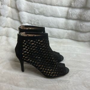 Thalia Sodi Black laser cut faux suede ankle boots peep toe bag zipper si…